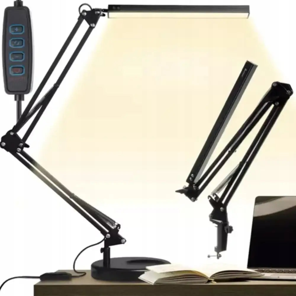 LED-skrivebordslampe Izoxis, sort, med leddet arm, lyser opp arbeidsflate med bok, PC og fjernkontroll.