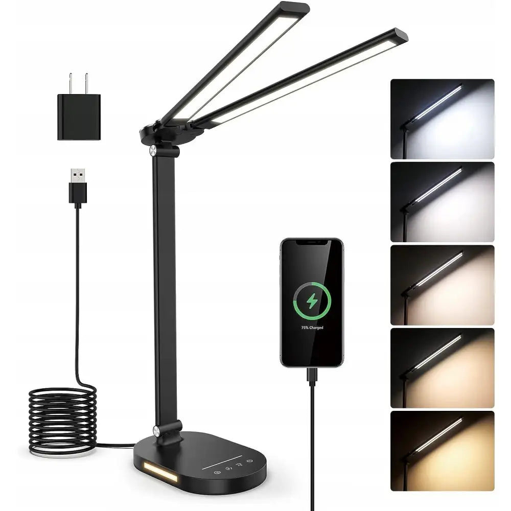 LED-skrivebordslampe i sort metall med to justerbare LED-armer, berøringspanel og synlig USB-lader med kabel.