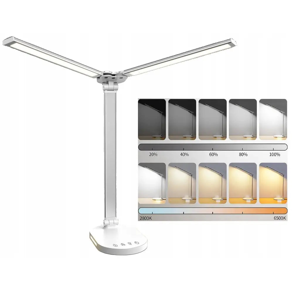 LED-skrivebordslampe med dobbel styrke, hvit, frontvisning med justerbare armer og synlige lysinnstillinger.