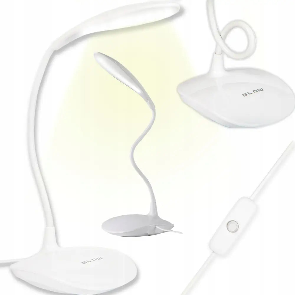 LED skrivebordslampe i hvit plast med fleksibel hals, ovalt hode og synlig av/på-bryter på ledningen.