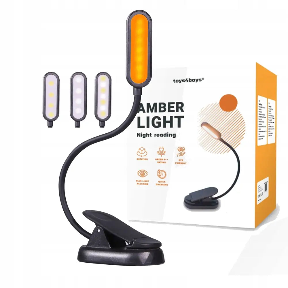 LED-skrivebordslampe med klemme, svart fot og avlangt lysfelt, viser både oransje og hvitt LED-lys.