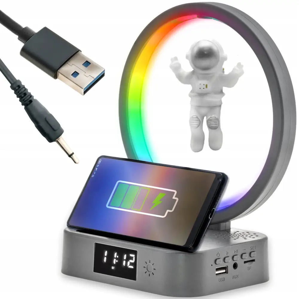 LED-skrivebordslampe med RGB-lys, digital klokke, Qi-lader og svevende astronaut, mobil lades.