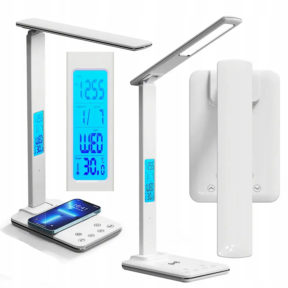 LED-skrivebordslampe i hvitt med digitalt display, touch-knapper og trådløs ladeplate for mobiltelefon.