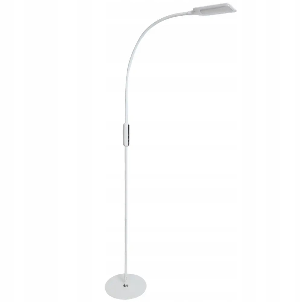 LED-stålampe med hvit, buet arm og rektangulært hode, sideprofil mot hvit bakgrunn.