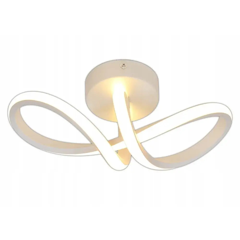 LED taklampe med buede, sammenflettede LED-lys i hvitt, sett nedenfra i minimalistisk design.