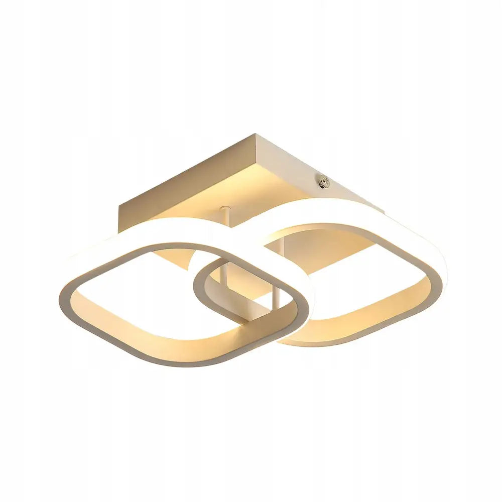 LED-taklampe med to sammenkoblede kvadratiske rammer i hvitt metall, moderne design, skrå vinkel.