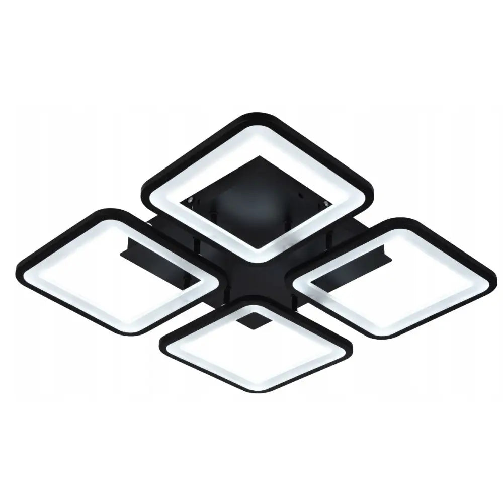 LED-taklampe i sort metall med fire hvite kvadratiske lysfelt, moderne geometrisk design sett fra undersiden.