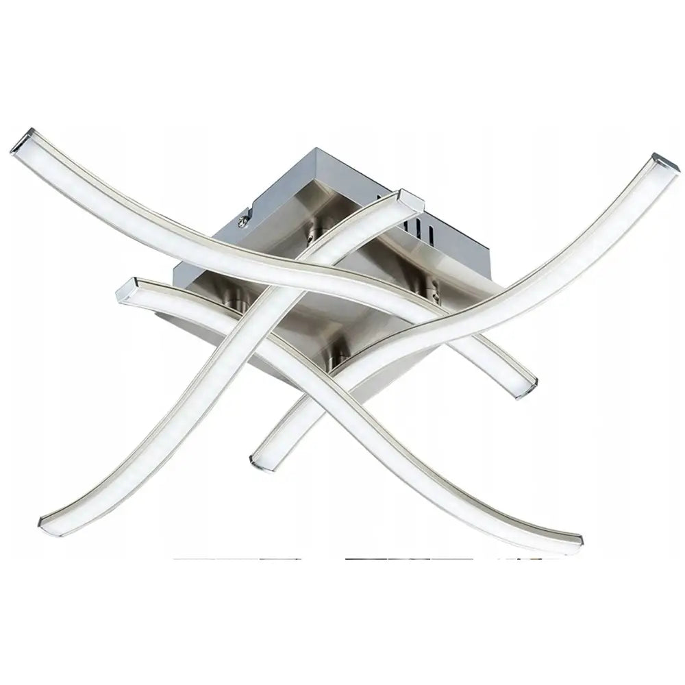 LED-taklampe med buede sølvfargede armaturer, sett fra undersiden mot hvit bakgrunn.