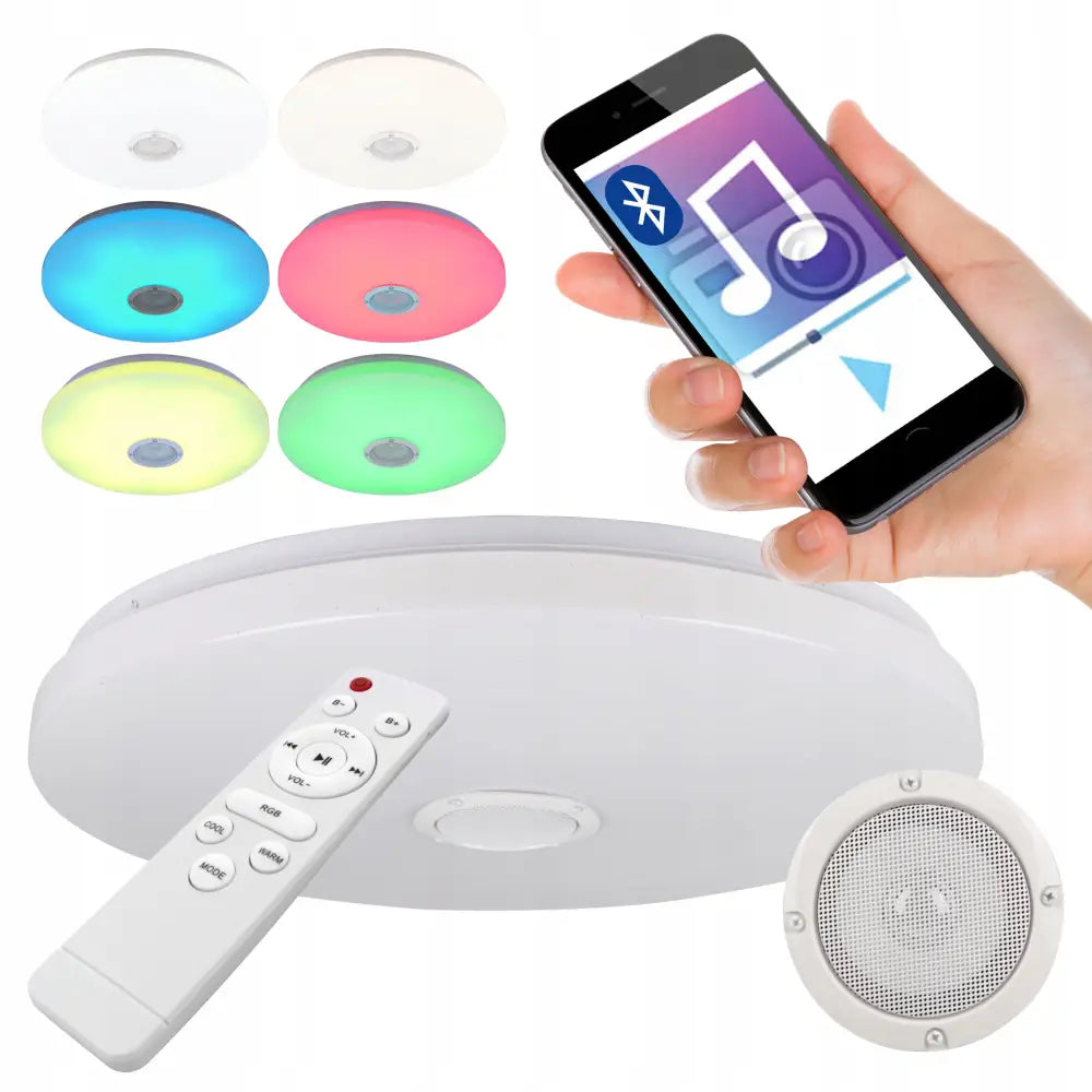 LED-taklampe med Bluetooth-høyttaler, hvit rund design, fjernkontroll og synlige RGB-fargevalg.