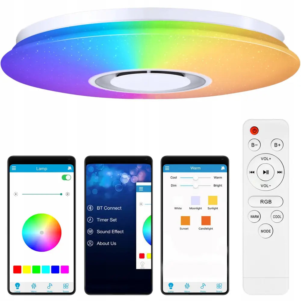 LED taklampe med RGB-lys, Bluetooth-høyttaler, fjernkontroll og mobilapp for fargevalg, sett skrått.