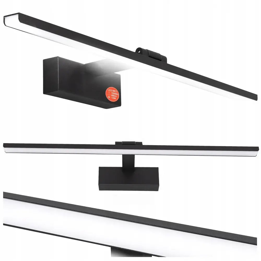 LED vegglys for bad, 60 cm sort lampe med avlangt design og veggfeste, vist i moderne baderomsmiljø.