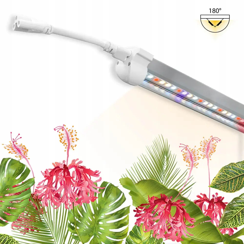 LED vekstlampe for plantedyrking, skrå visning med fargede dioder som lyser over blomster og blader.
