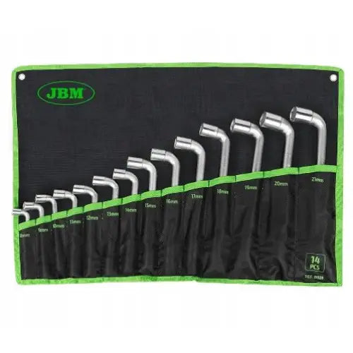 Leddnøkkelsett 8-21 mm, 14 deler i sølvfarget metall, sort etui med grønne kanter, ordnet etter størrelse.