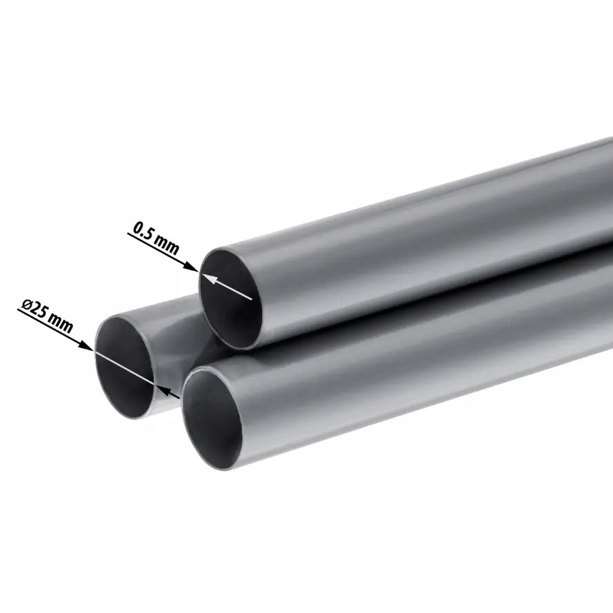 Grå metallrør til lekegrind, sidevisning med markerte mål for diameter og tykkelse på rørene.