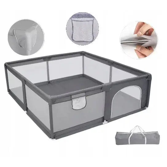 Lekegrind for barn, skrå vinkel som viser grå nettingvegger, glidelås, mesh-lomme og oppbevaringsbag.