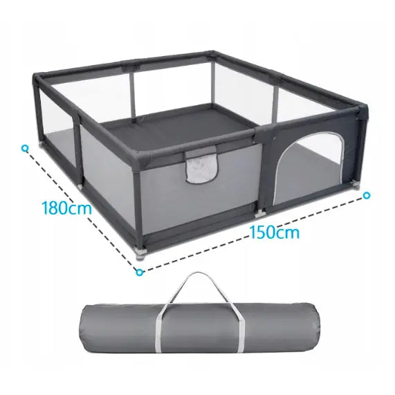 Lekegrind for barn med tørrbasseng, sett ovenfra med nettingvegger, to åpninger og grå bæreveske.