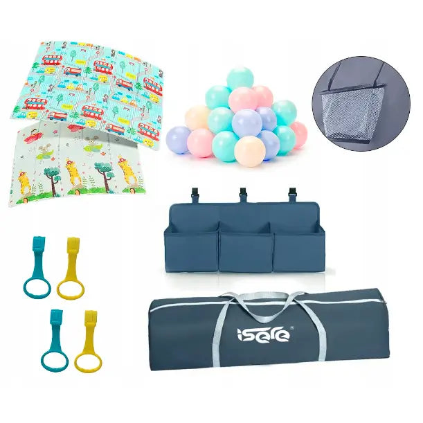 Lekegrind med skumgulvmatte, fargerike baller, grå lommer, løkker, oppbevaringsbag og nettingdetalj.