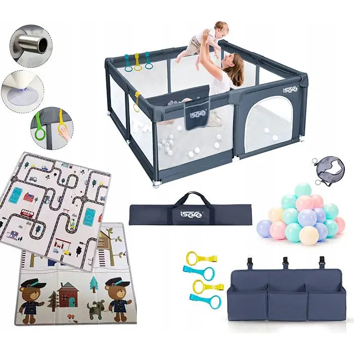 Lekegrind for barn i mørk grå med nettingvegger, fargerik skummatte, baller, ringer og praktiske oppbevaringslommer.