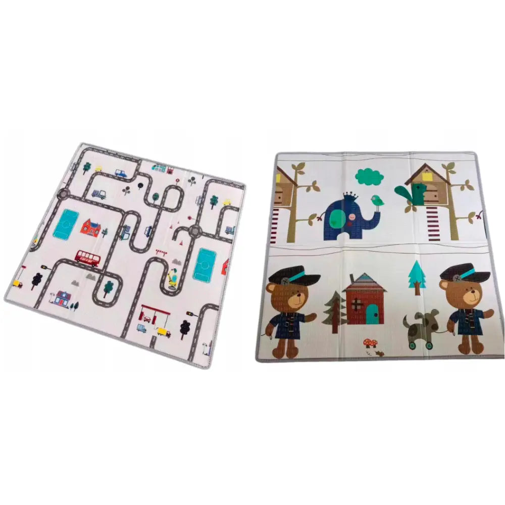 Lekegrind skummatte med fargerike veier, biler og bygninger, samt matte med bjørner og elefant.
