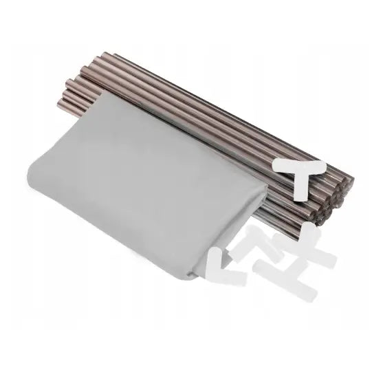 Lekegrind med ballbinge, sett fra siden, viser grå tekstilduk, metallstenger og hvite plastkoblinger.