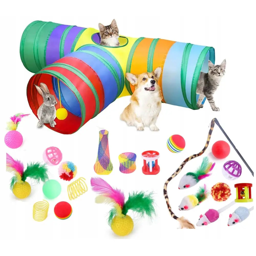 Lekesett for katter med stor fargerik tunnel, tre åpninger og små leker, brukt av katt, hund og kanin.