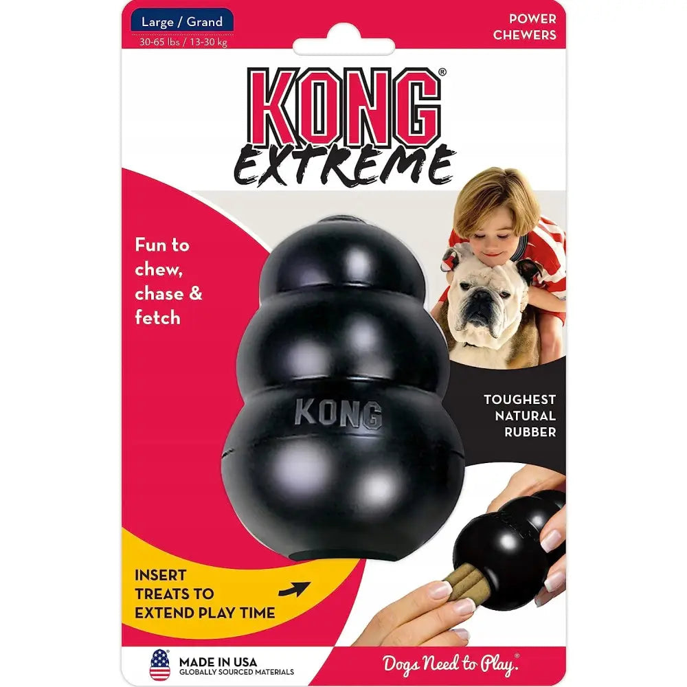 Kong Sort Strong XL, robust svart hundeleke i emballasje, med illustrasjon av hund og barn som leker sammen.
