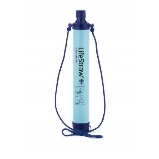 Lifestraw personlig vanfilter halm i lyseblått, frontvisning med bæresnor og tydelige bruksanvisninger på siden.