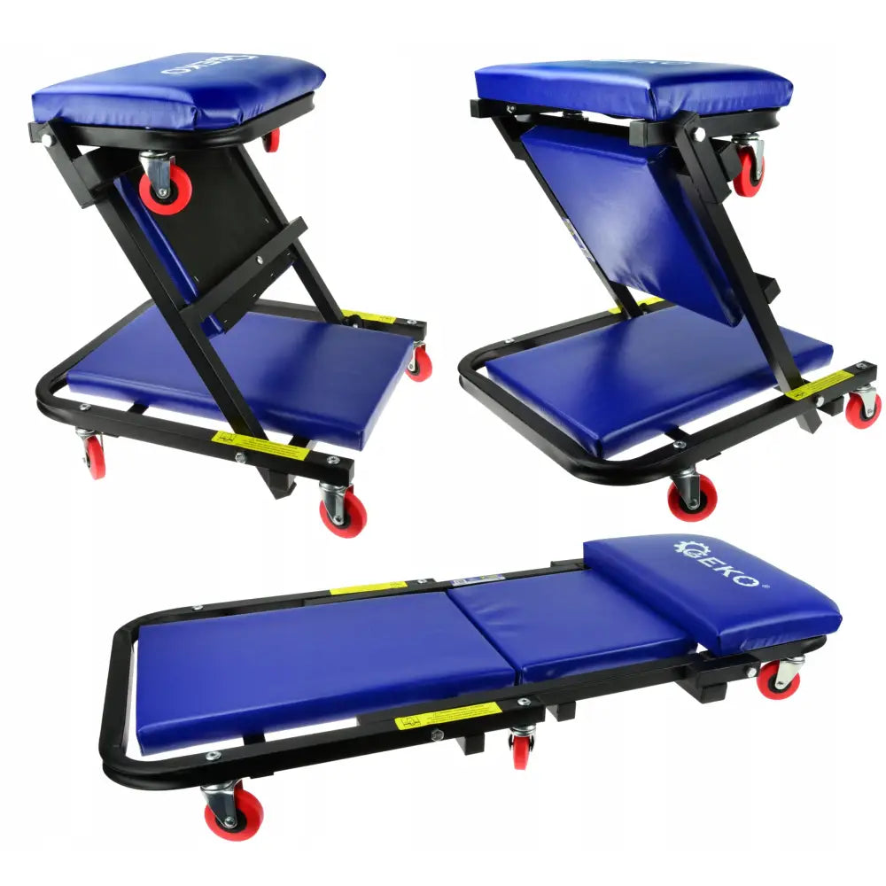 Liggebrett og krukke 2 i 1, sammenleggbar benk med blå puter, svart ramme og røde hjul i ulike posisjoner.