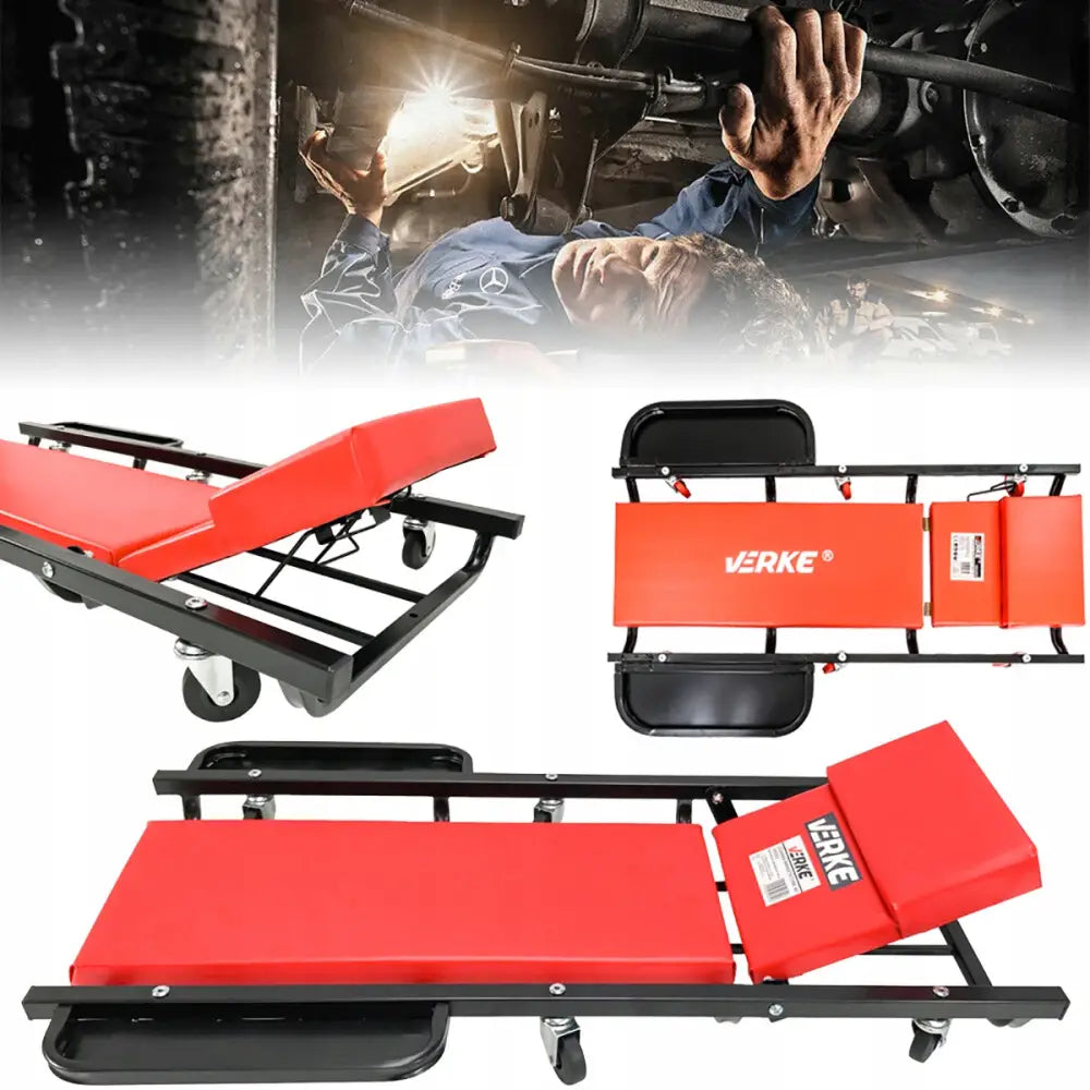 Liggebrett tralle med rødt kunstskinn, justerbar ryggstøtte og hjul, ideell for arbeid under bil.