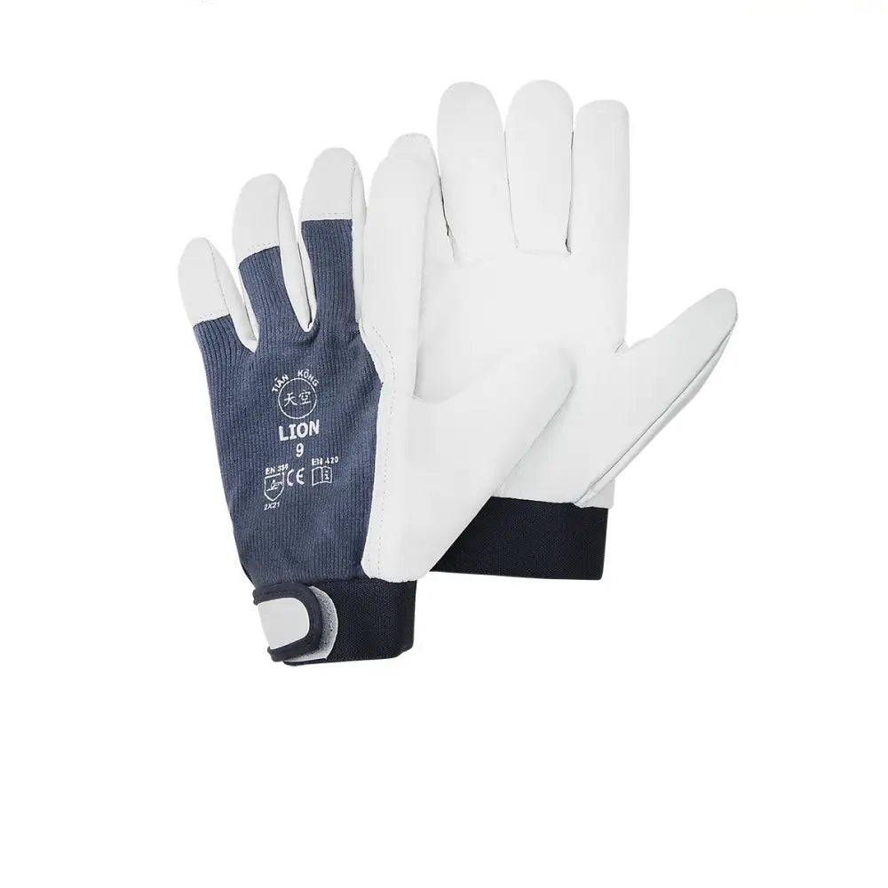 Lion monteringshansker i geiteskinn, hvit håndflate og blå overside med borrelås og sertifiseringsikoner.