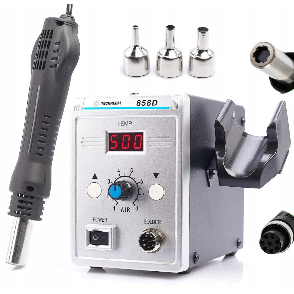 Loddestasjon Hot-Air 858D i sølv og svart, frontvisning med digitalt display, tre munnstykker og holder.