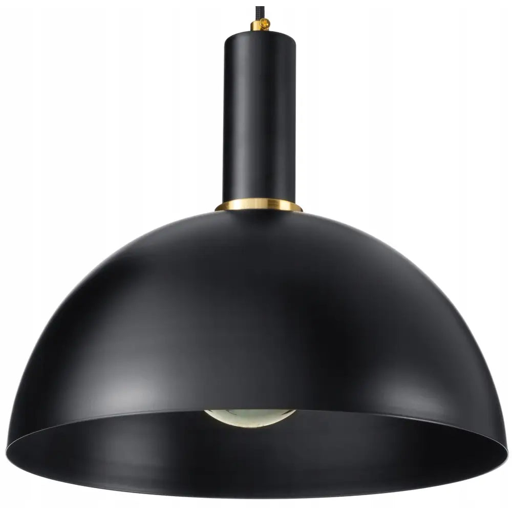 Loft hengelampe i svart metall, frontvisning med gullfarget ring og synlig lyspære i matt skjerm.