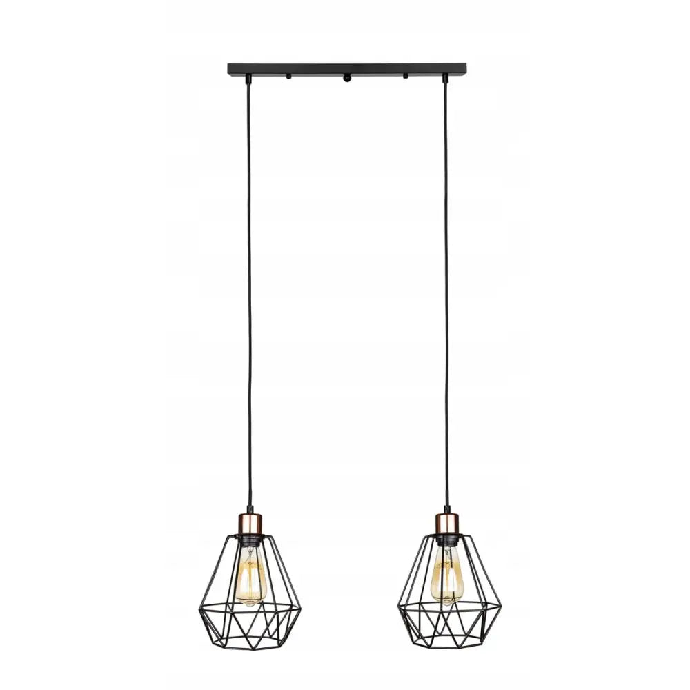 Loft hengende lampe med dobbel skinne, svarte diamantformede rammer og synlige lyspærer mot hvit bakgrunn.