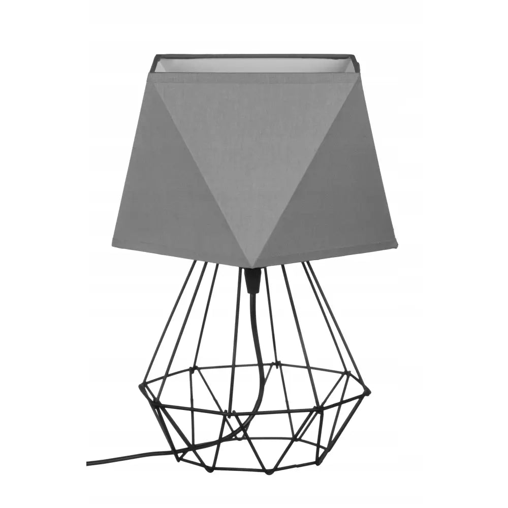 Loft nattlampe med grå tekstilskjerm og sort, geometrisk metallfot, frontvisning i moderne stil.