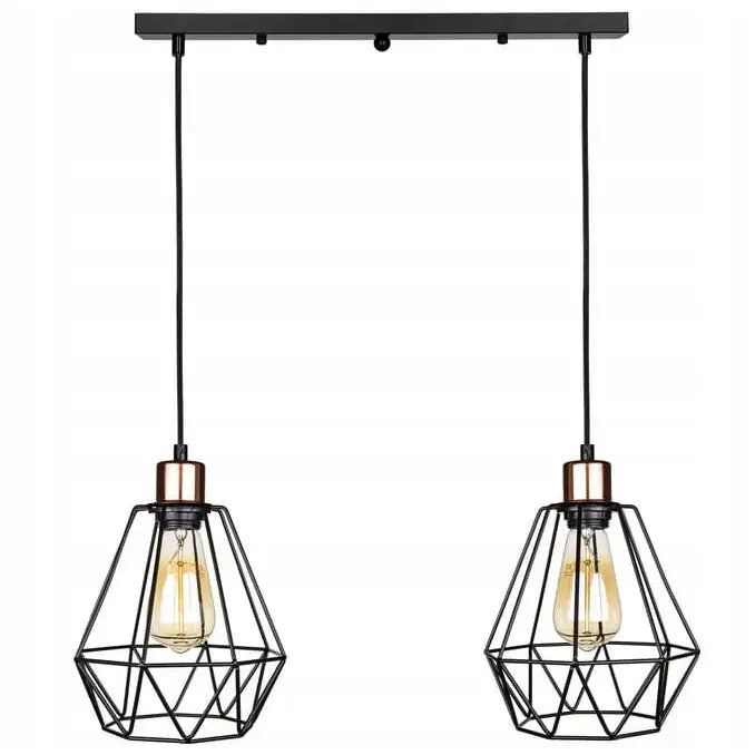 Loftlampe Diamant Dobbel Skinne i svart metall med roségull detaljer, to geometriske trådpærer henger fra sort takbjelke.