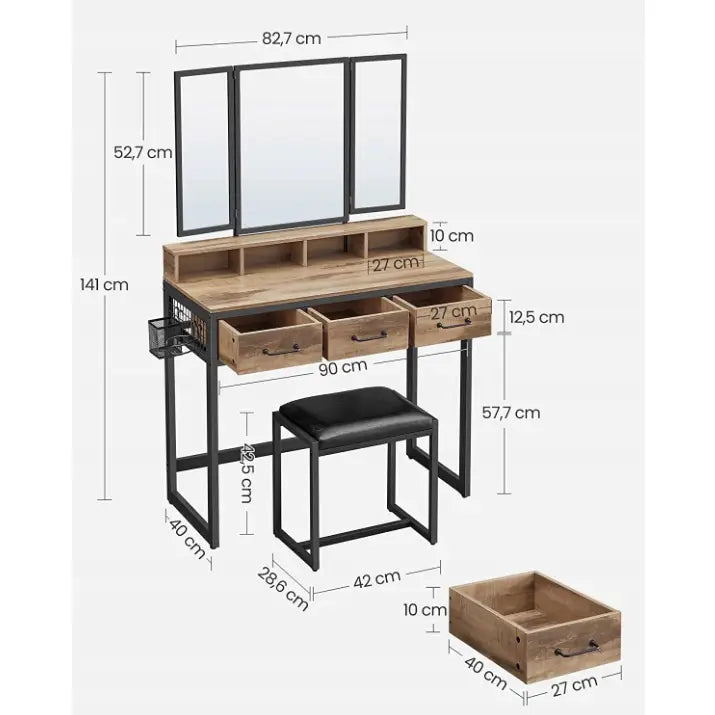 Loftsminkebord med krakk i rustikk stil, skrå visning som fremhever speil, åpne skuffer og mål på alle deler.