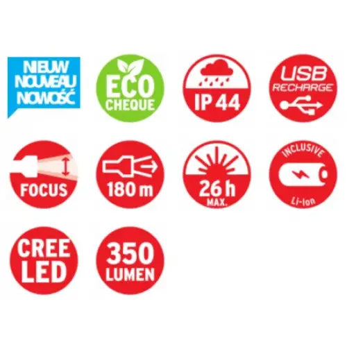 Lommelykt LED LuxPremium TL 300 AF, ikonoversikt med USB-lading, IP44, Li-Ion, CREE LED og 350 lumen.