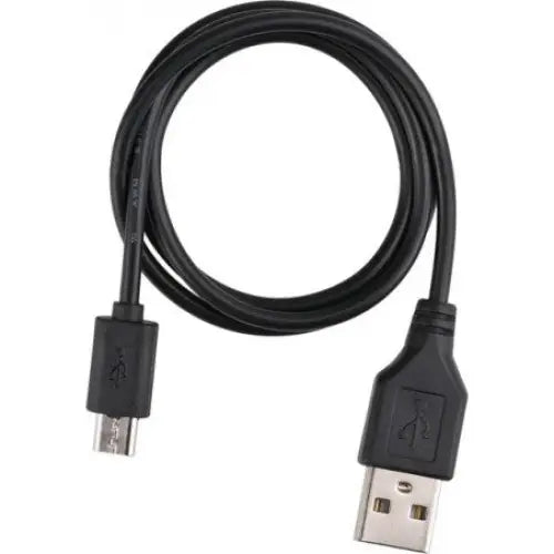 Svart USB-kabel med USB-A og micro-USB-plugg, vist utstrakt mot hvit bakgrunn, til Lommelykt Led LuxPremium.
