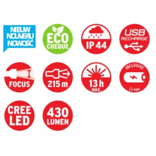 Lommelykt Led LuxPremium TL 400 AFS, oversikt over funksjoner med piktogrammer for lysstyrke og batteritid.