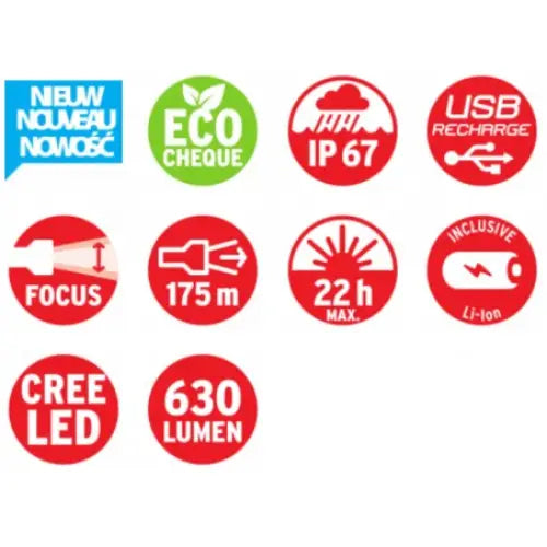 Ni ikoner som fremhever LED lommelyktens IP67-beskyttelse, 630 lumen, USB-lading og 22 timers batteritid.
