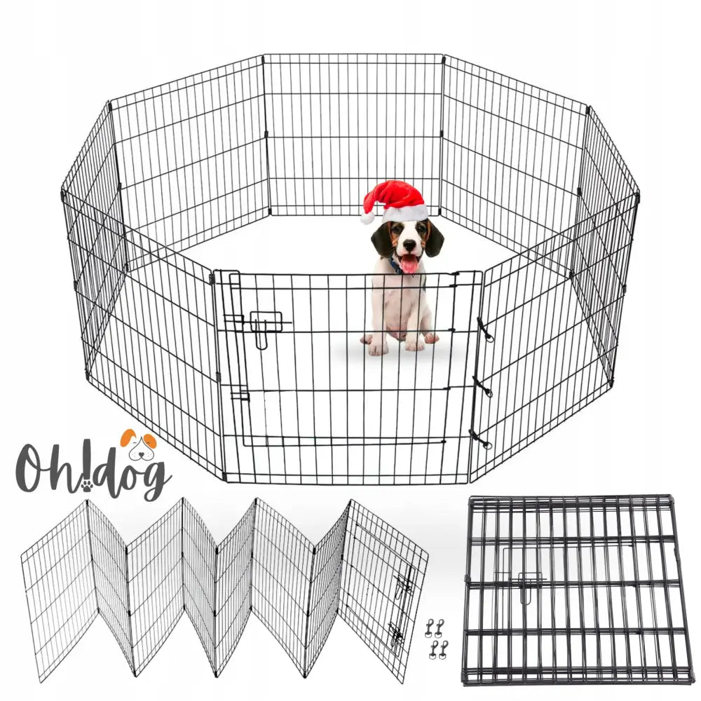 Løpebane for hund størrelse L, svart metallbur med åtte seksjoner, hund med nisselue sitter trygt inne.