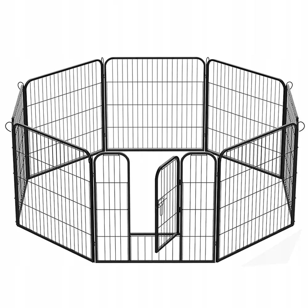 Løpegård bur for hund og valp, svart åttekantet metallgrind med liten dør, sett fra skrå vinkel.