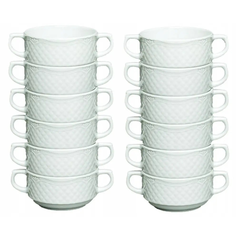 Lubiana Afrodyta buljongskåler, ti hvite kopper med strukturert mønster og doble hanker, stablet frontalt.