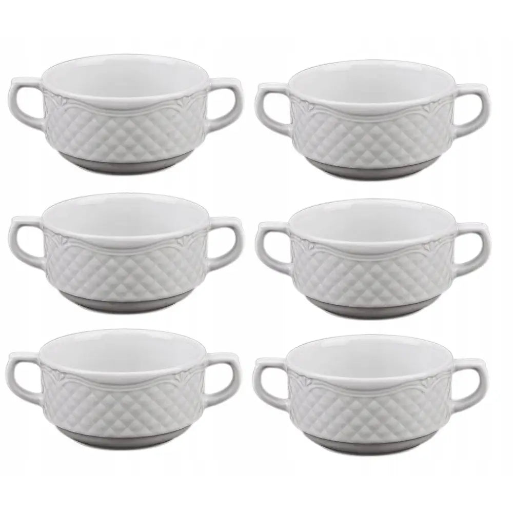 Lubiana Afrodyta suppeskåler, seks hvite boller med håndtak og dekorativt rutemønster i relieff mot nøytral bakgrunn.