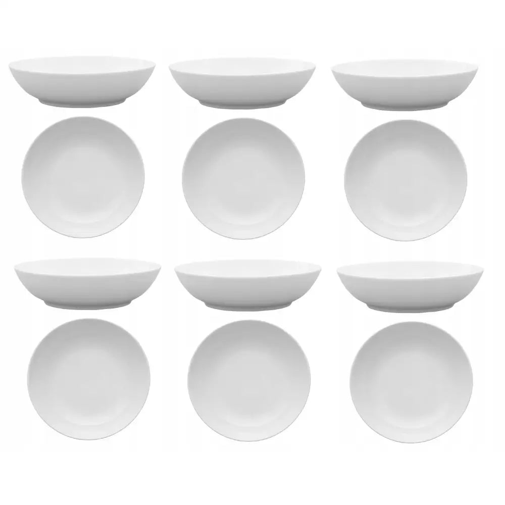 Lubiana Boss dype tallerkener i hvitt porselen, sett fra topp og side, med glatt, minimalistisk design.