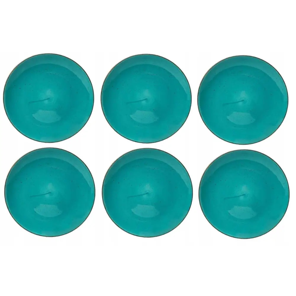 Seks turkise Lubiana Boss middagstallerkener i keramikk, sett ovenfra med blank finish og harmonisk rund form.