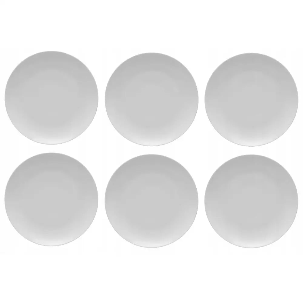 Lubiana Boss middagstallerkener i hvitt porselen, seks stykker sett ovenfra med stilrent, glatt design.