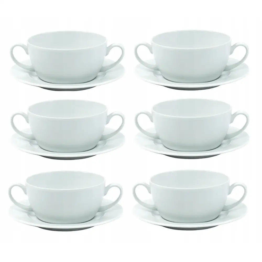 Lubiana Boss Nadia suppeskåler med to hanker, seks stykker på asjetter mot hvit bakgrunn.