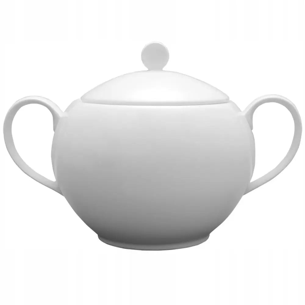 Hvit porselensvase Venus fra Lubiana, sett forfra med lokk og doble håndtak i enkel, rund design.