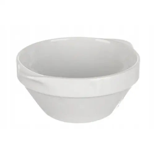 Lubiana hel buljongkopp i hvit keramikk, sett fra skrå vinkel med tydelig helletut på siden.